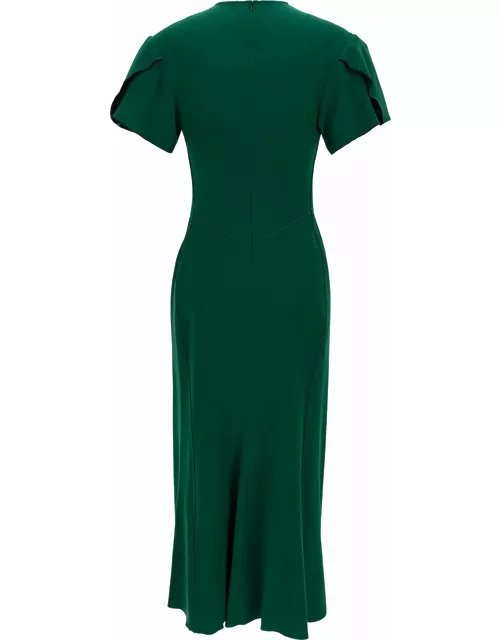 Victoria Beckham Midi Green Dress With Gatherings In Wool Blend Woman