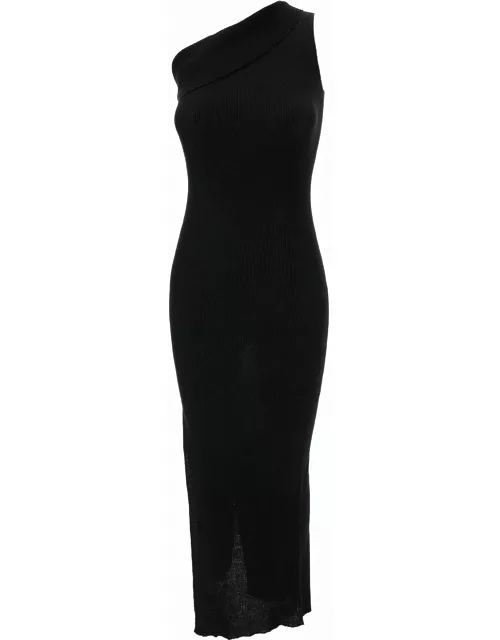 Rick Owens athena Long Black Ribbed One Shoulder Dress In Wool Woman