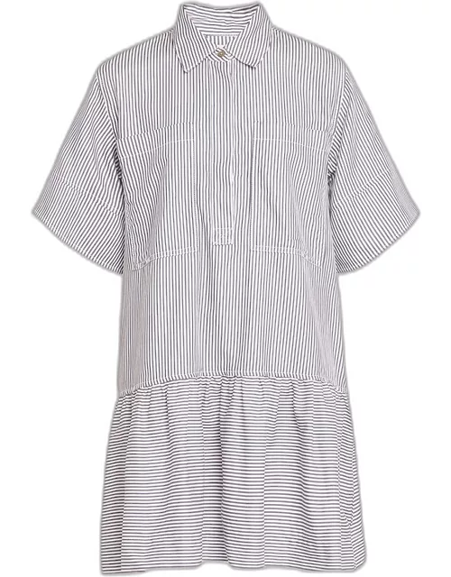 Cris Railroad Stripe Cotton Short-Sleeve Mini Shirtdres