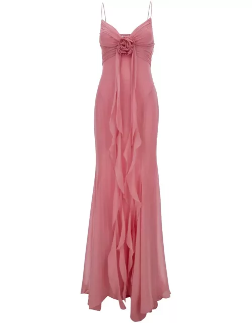 Blumarine Pink Draped Maxi Dress With Rose Applique In Silk Woman