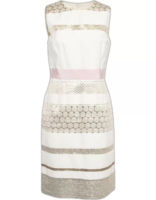 Giambattista Valli Off White Lurex Brocade Striped Cotton Sleeveless Dress