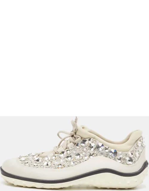 Miu Miu Silver Satin Astro Crystal Embellished Low Top Sneaker