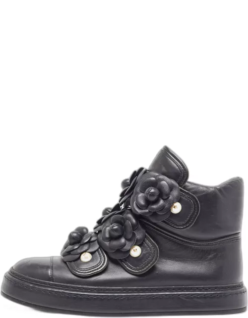 Chanel Black Leather Camellia Flowers Embellished High Top Sneaker