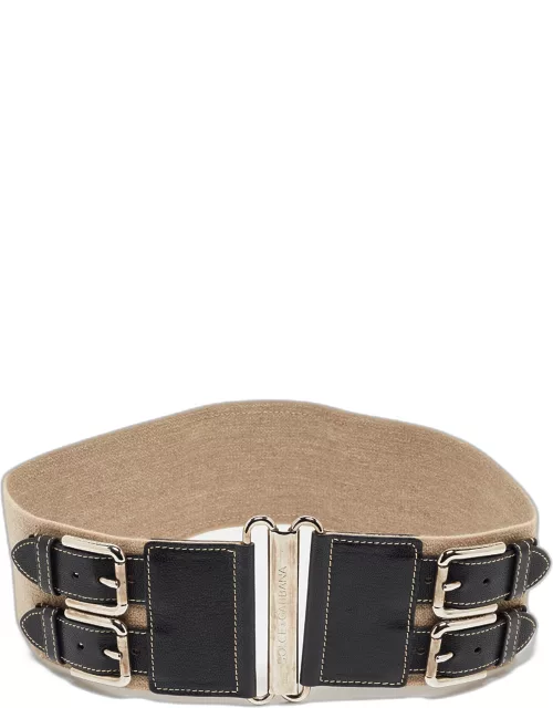 Dolce & Gabbana Beige/Black Elastic and Leather Double Buckle Wide Belt 75C
