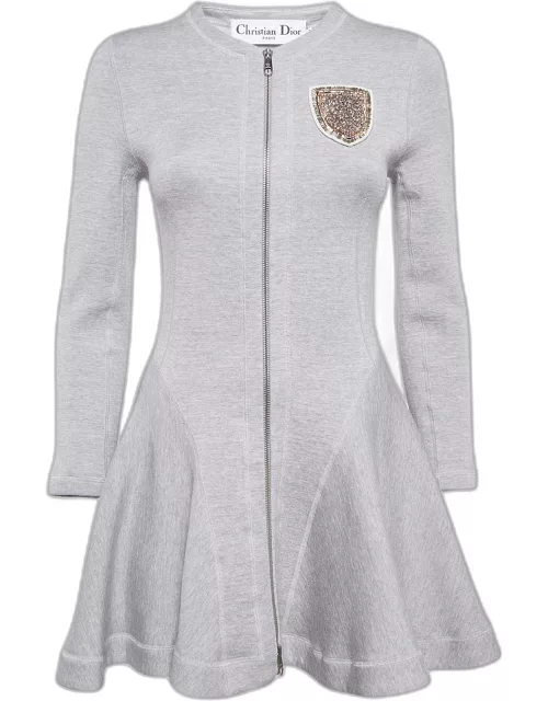 Christian Dior Grey Wool Crest Embellished Zip Front Flared Dress