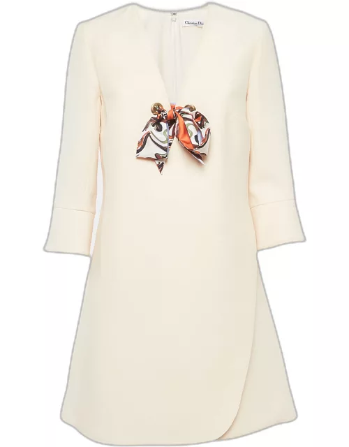 Christian Dior Cream Wool Blend Tie-Up Detail Flared Sleeve Mini Dress
