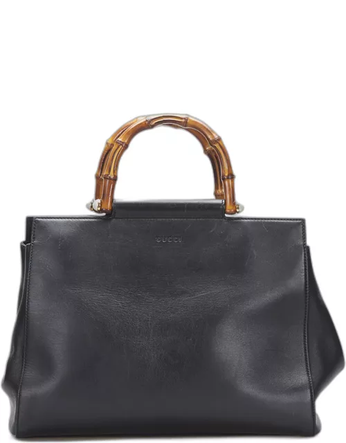 Gucci Black Leather Nappa Bamboo Nymphaea Top Handle Bag