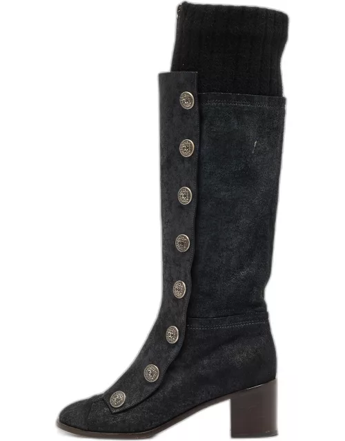 Chanel Black/Grey Nubuck and Fabric Button Knee Length Boot