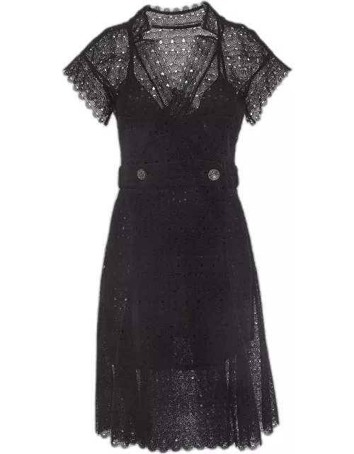 Chanel Black Cotton Crochet Semi Sheer Buttoned Wrap Dress