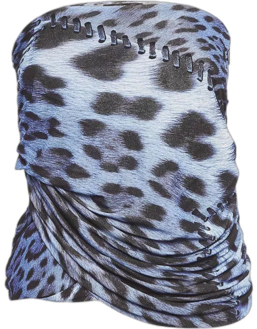 Roberto Cavalli Blue Leopard Print Ruched Strapless Top