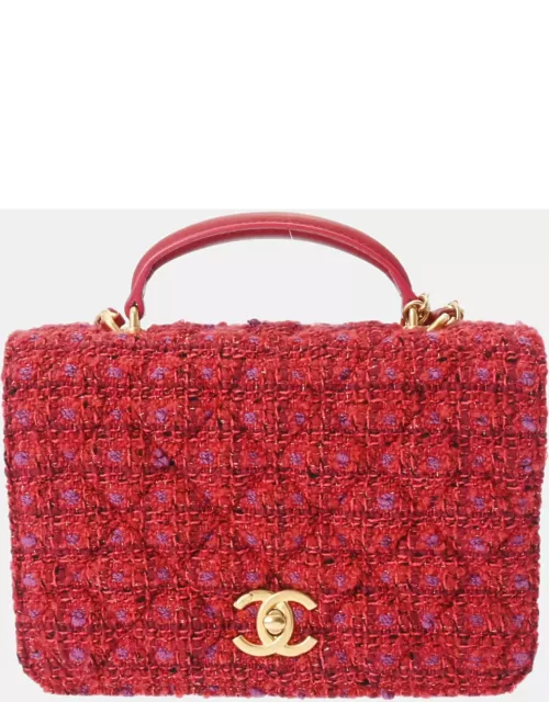 Chanel Red Tweed and Lambskin Small CC Top Handle Chain Full Flap Bag