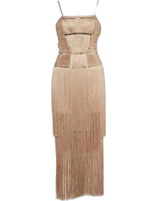 Versace Beige Silk Tassel Shoulder Strap Maxi Dress