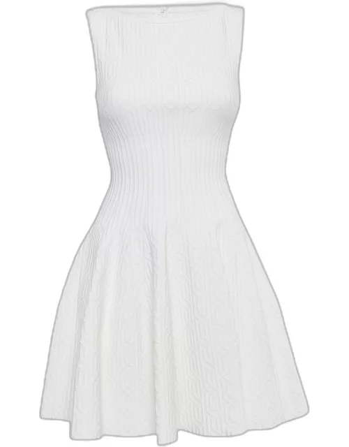 Alaia White Textured Knit Sleeveless Flared Mini Dress