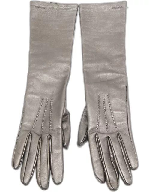 Prada Metallic Silver Leather Long Glove