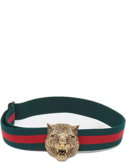 Gucci Green/Red Web Canvas Feline Buckle Belt 75 C