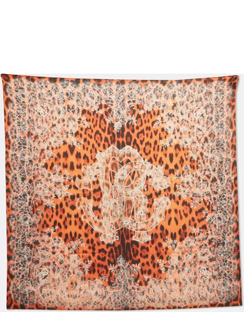 Roberto Cavalli Orange Animal and Floral Lace Print Silk Scarf