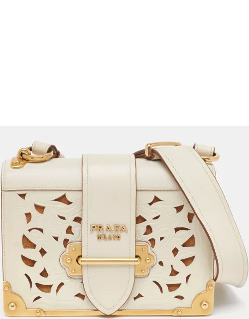 Prada Off White City Calf and Saffiano Leather Laser Cut Cahier Flap Shoulder Bag