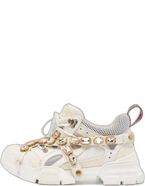 Gucci White/Grey Leather and Mesh Crystal Embellished Flashtrek Sneaker