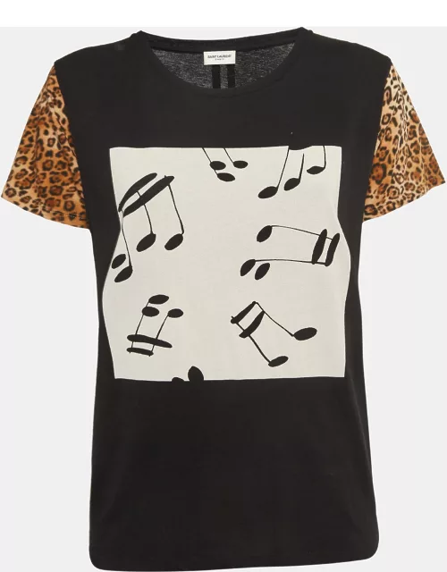 Saint Laurent Paris Black Musical and Leopard Print Cotton Jersey T-Shirt