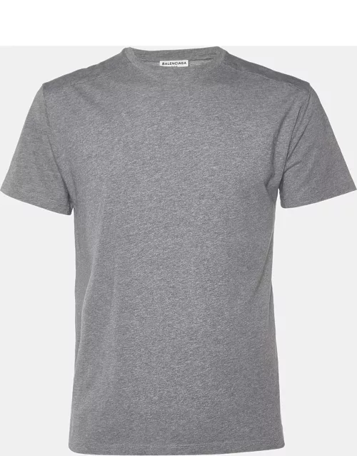 Balenciaga Grey Logo Print Cotton Crew Neck T-Shirt