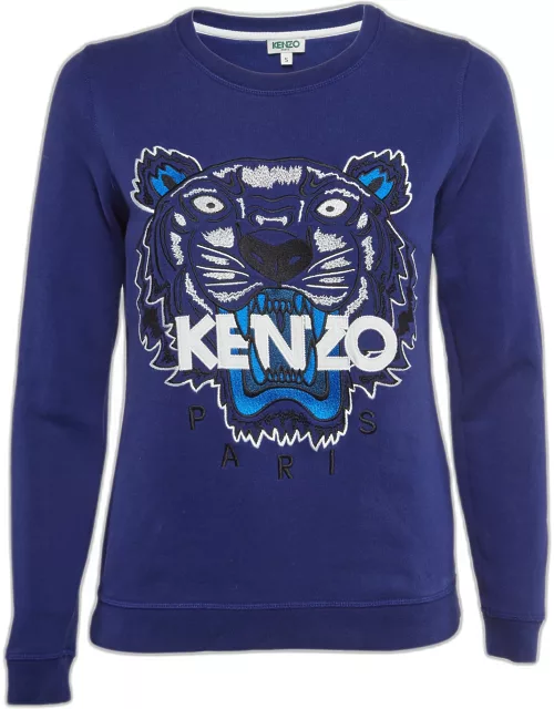 Kenzo Blue Logo Embroidered Cotton Crew Neck Sweatshirt