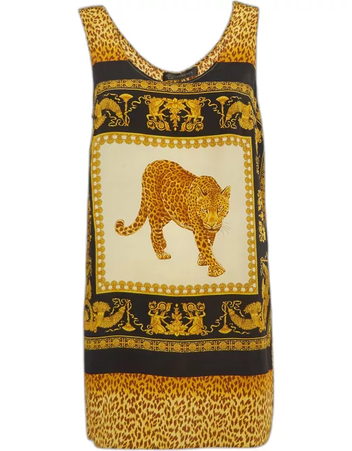 Versace Yellow/Black Leopard Print Silk Sleeveless Tunic Top