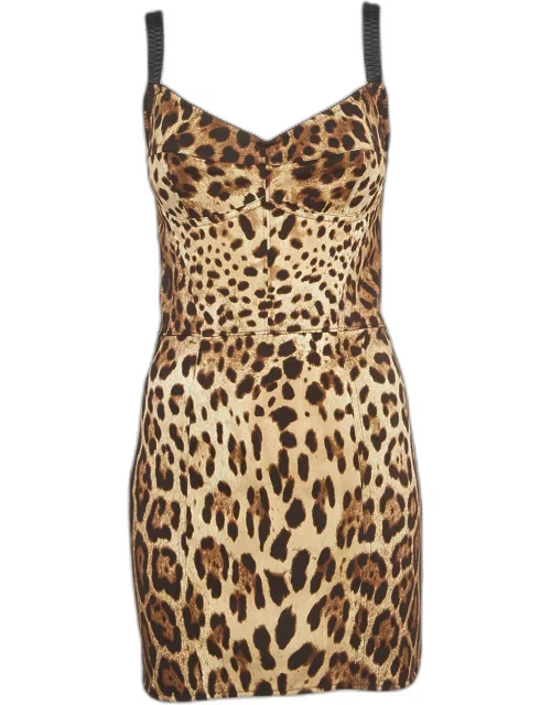 Dolce & Gabbana Brown Leopard Print Silk Blend Corset Strappy Mini Dress