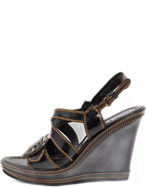 Fendi Black/Gold Patent Wedge Ankle Strap Sandal