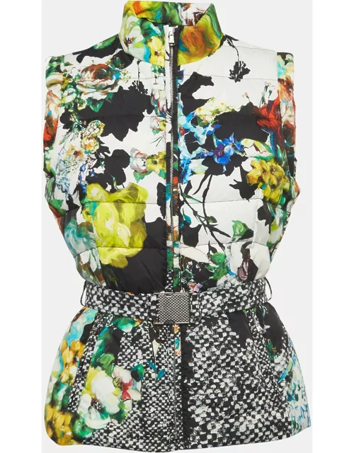 Roberto Cavalli Multicolor Floral Print Nylon Sleeveless Belted Down Jacket
