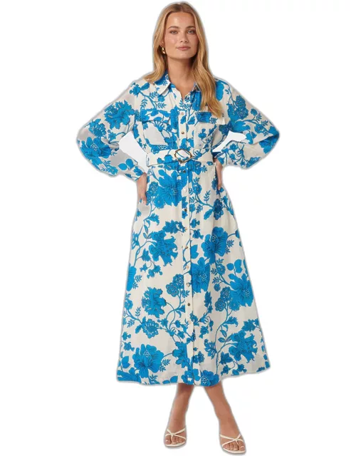 Forever New Women's Janie Printed Midi Shirt Dress in Large Blue Leila Chintz