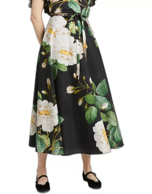 Floral-Print Logo Ribbon Midi Skirt
