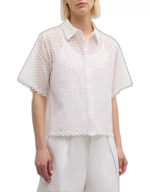 Perle Boxy Floral Eyelet-Embroidered Top