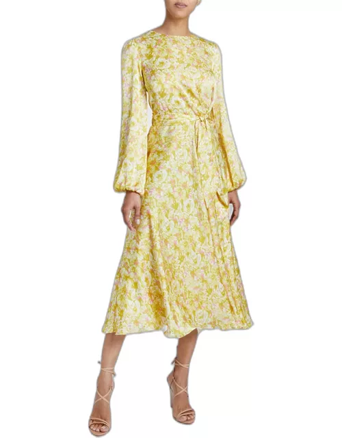 Callie Floral-Print Blouson-Sleeve Midi Dres