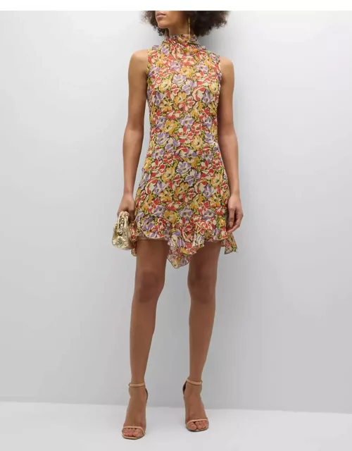 Ultra Floral-Print Ruffle Sleeveless Silk Mini Dres