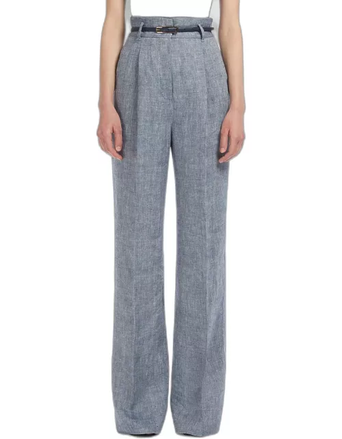 Treviso Pleated High-Rise Bootcut Linen Pant