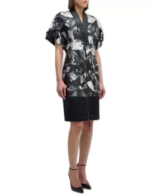 Abstract-Print Short-Sleeve Zip-Front Dres