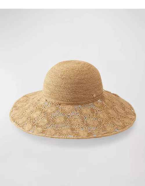 Floral Crocheted Raffia Wide Brim Hat