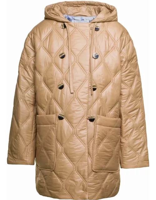 Ganni Beige Quilted Down Jacket With Hood In Recycled Nylon Woman