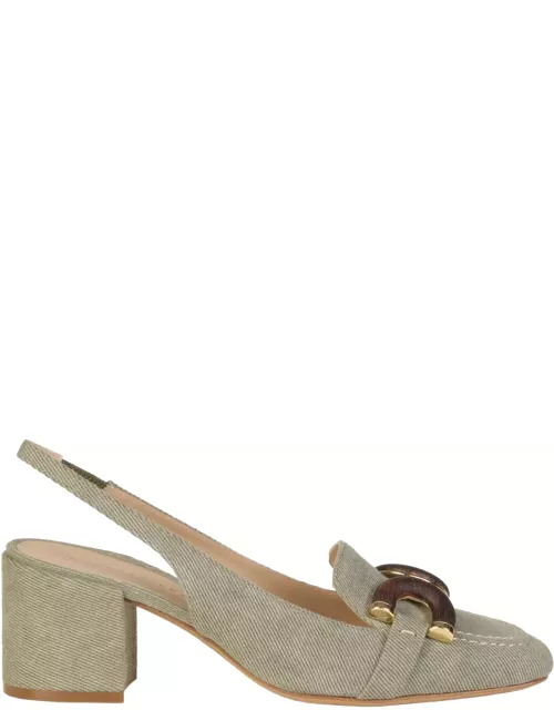 Roberto Festa Chanel Slingback In Khaki Jeans With Wooden Accessory
