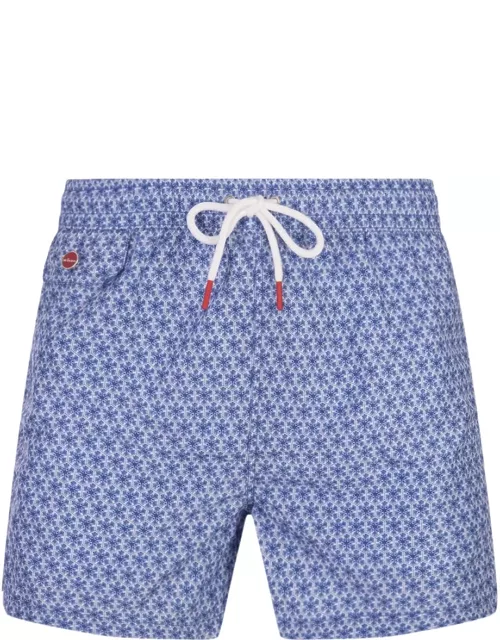 Kiton Blue Swim Shorts With Geometric Floral Pattern