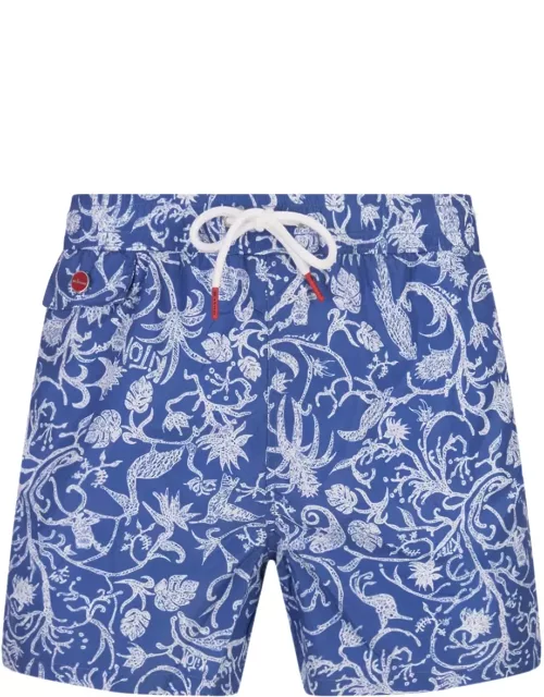Kiton Blue Swim Shorts With White Fantasy Print
