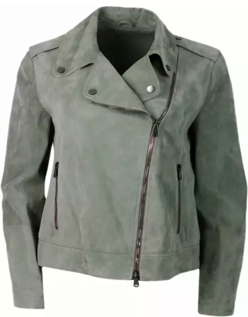 Brunello Cucinelli Biker Jacket In Precious And Soft Suede With Rows Of Brilliant Monili Behind The Neck