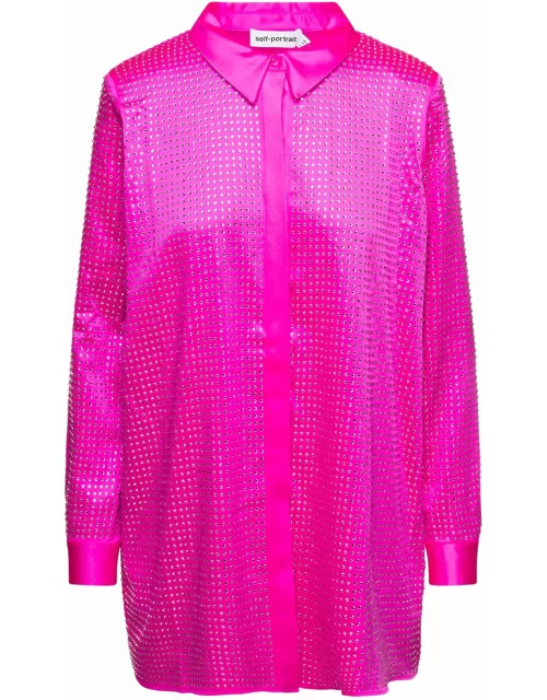 self-portrait Shirt With All-over Crystal Embellishment In Fuchsia Satin Woman