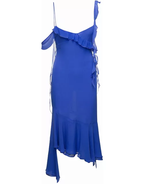 The Andamane Asymmetric Miranda Midi Dress With Ruffle-detailing In Blue Silk Woman