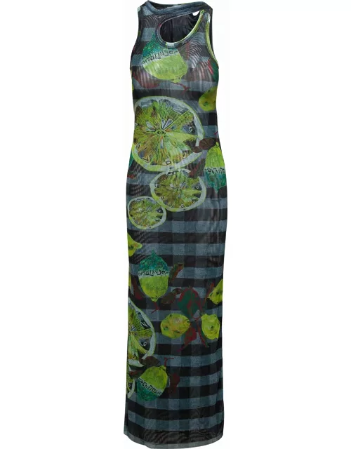 Ottolinger Long Multicolor Asymmetric Dress With Cut-out And Lemon Print In Mesh Woman