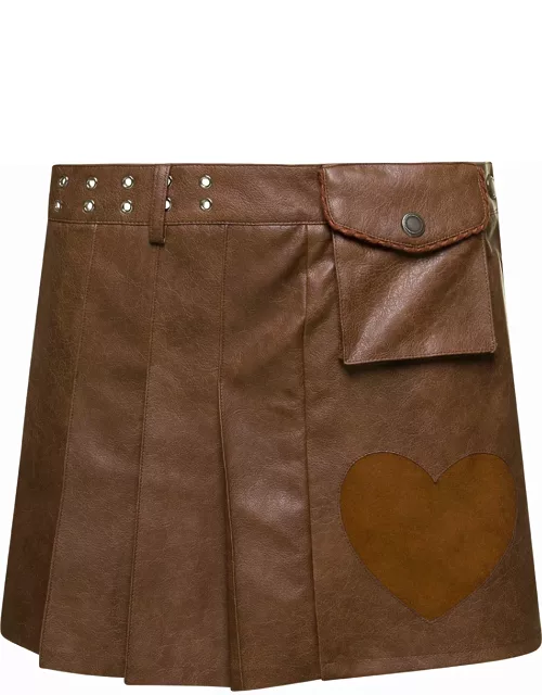 Andersson Bell arina Brown Pleated Mini Skirt With Heart And Patch Pocket Detail In Faux Leather Woman