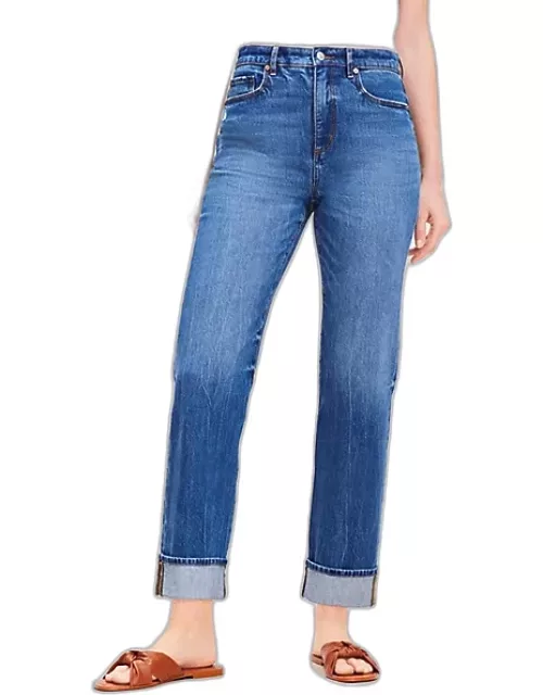 Loft Cuffed High Rise Straight Jeans in Bright Mid Indigo Wash