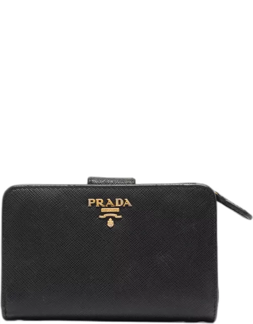 Prada Black Saffiano Leather Zip Around Compact Wallet
