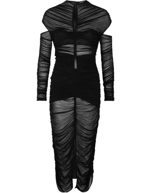 Mugler Ruched Stretch-tulle Midi Dress - Black - 38 (UK10 / S)
