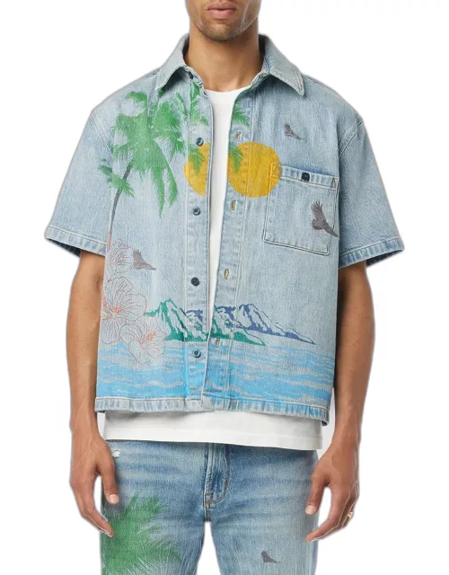 Men's Palm Embroidered Denim Camp Shirt
